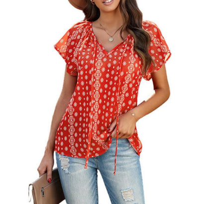 Floral Chiffon Shirt Summer New Style V Neck Short Sleeved Shirt Women - BUNNY BAZAR