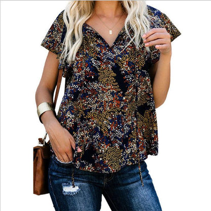 Floral Chiffon Shirt Summer New Style V Neck Short Sleeved Shirt Women - BUNNY BAZAR