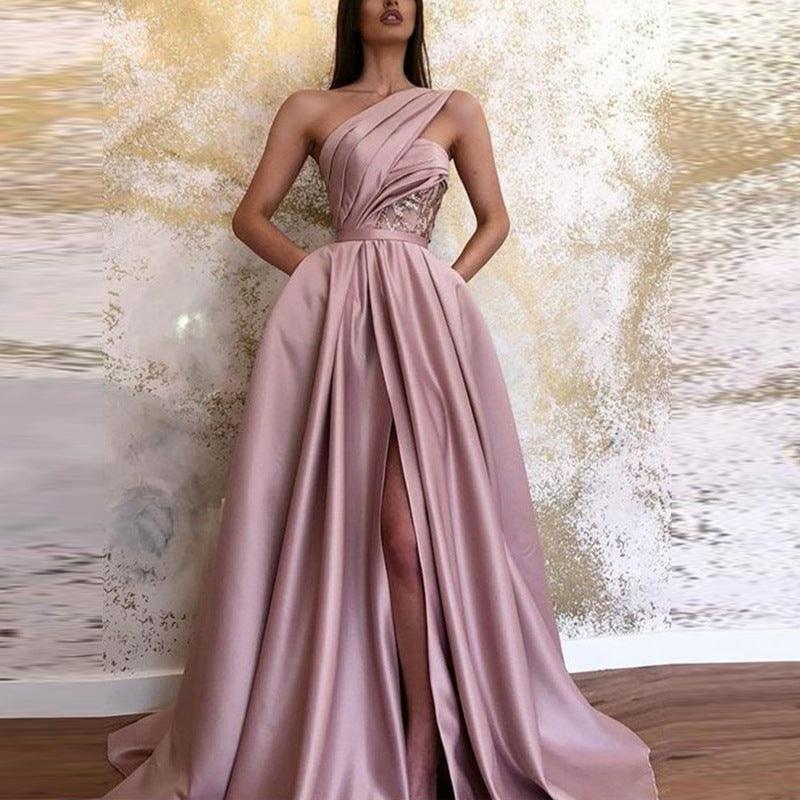 Sexy Slit Slanted Shoulder Dress Long Skirt Evening Dress - BUNNY BAZAR