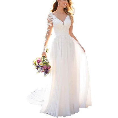 Sexy Backless Deep V-neck Wedding Dress Women White Evening Dress - BUNNY BAZAR