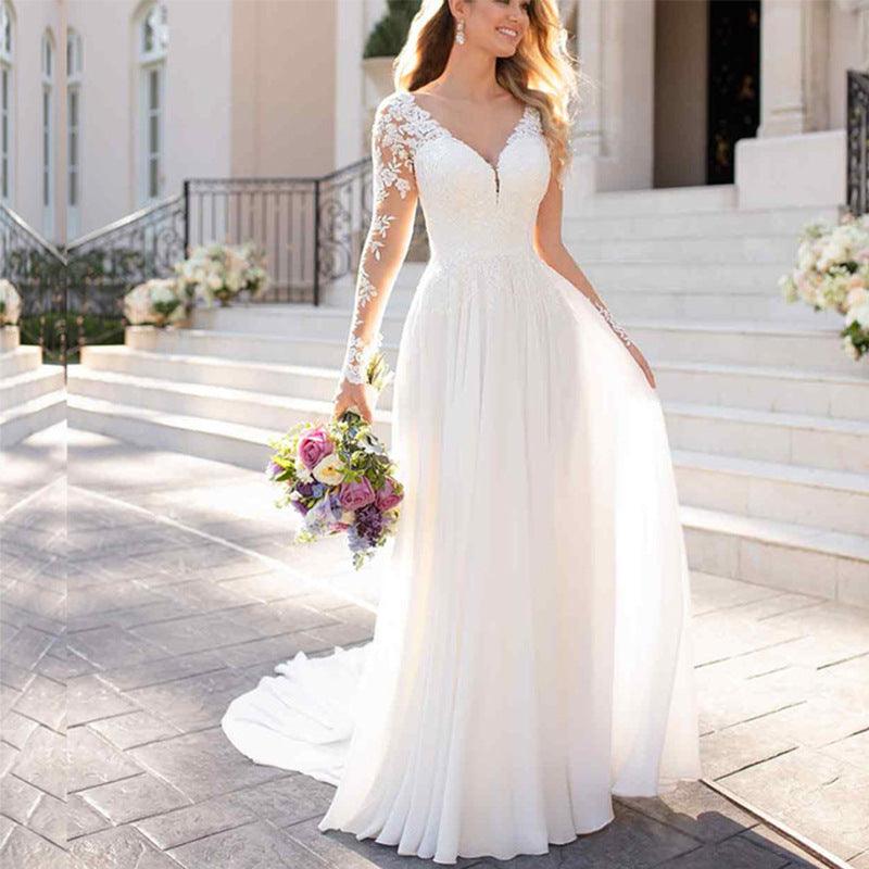 Sexy Backless Deep V-neck Wedding Dress Women White Evening Dress - BUNNY BAZAR