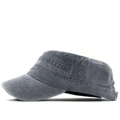 Men's Washed And Worn Cotton Monochromatic Flat Top Military Hat - BUNNY BAZAR