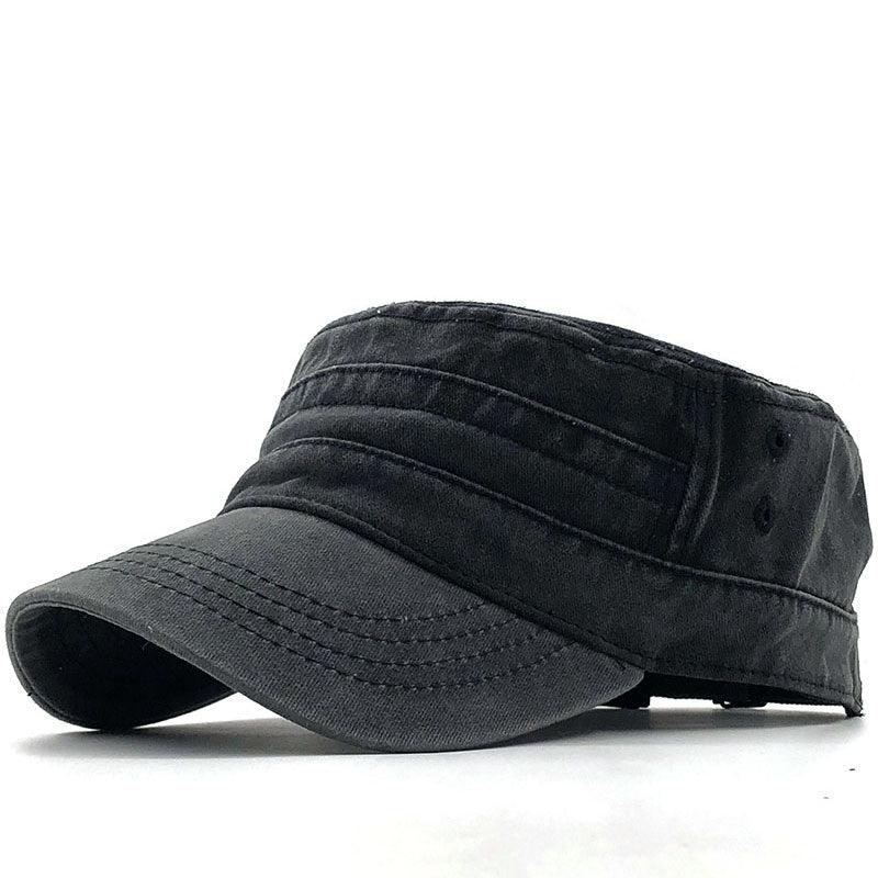 Men's Washed And Worn Cotton Monochromatic Flat Top Military Hat - BUNNY BAZAR