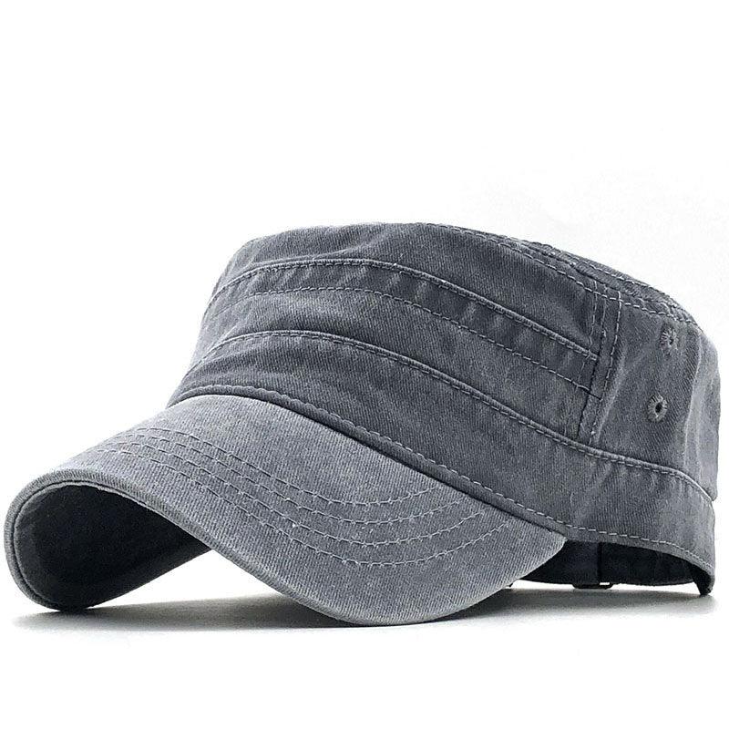 Men's Washed And Worn Cotton Monochromatic Flat Top Military Hat - BUNNY BAZAR