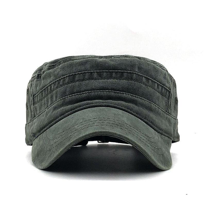 Men's Washed And Worn Cotton Monochromatic Flat Top Military Hat - BUNNY BAZAR
