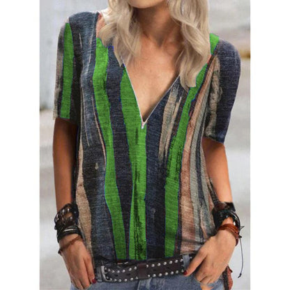 Tie-dye striped printed long-sleeved T-shirt V-neck zipper top women - BUNNY BAZAR