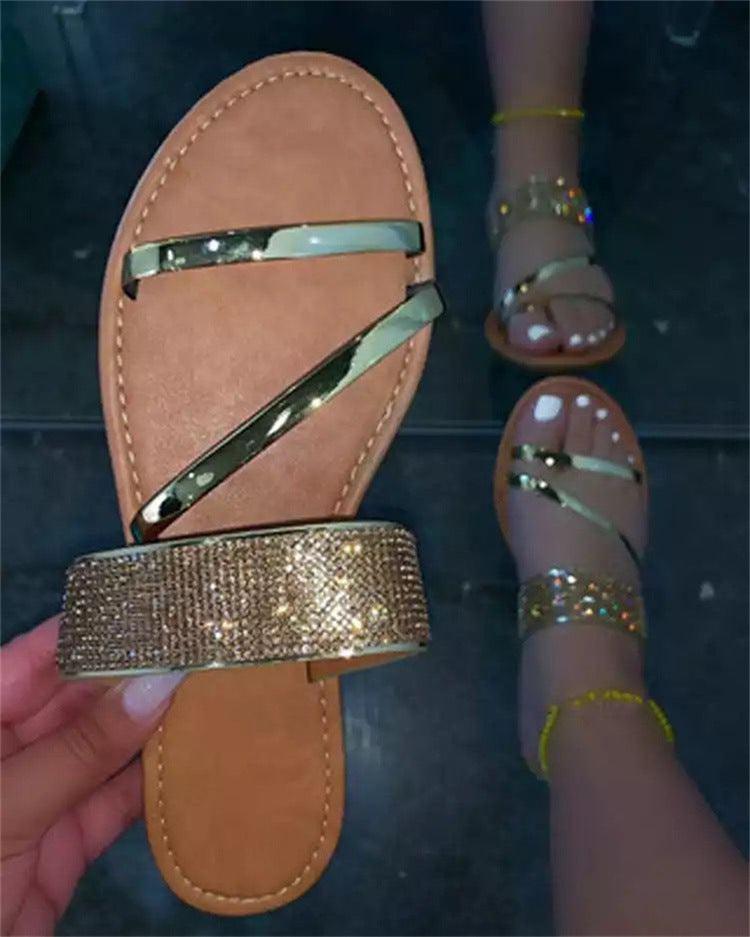 2021 Fashion Sexy Summer New Style Roman Rhinestone Flat Outdoor Large Size Slippers - BUNNY BAZAR