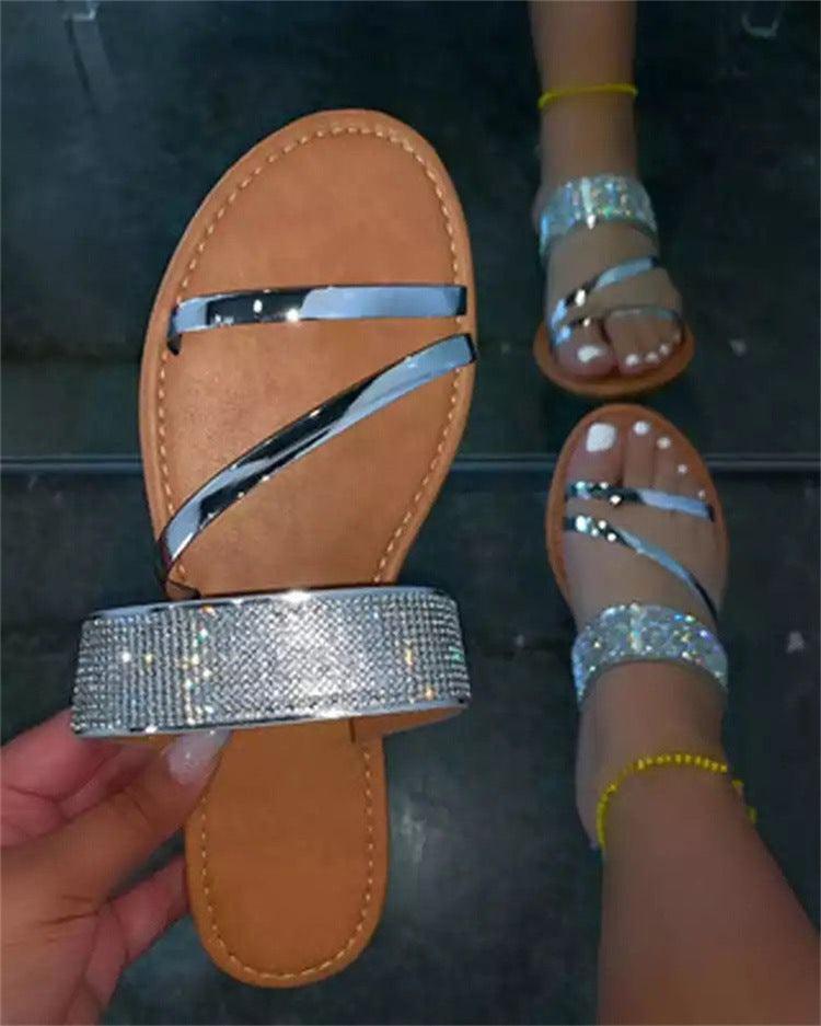 2021 Fashion Sexy Summer New Style Roman Rhinestone Flat Outdoor Large Size Slippers - BUNNY BAZAR