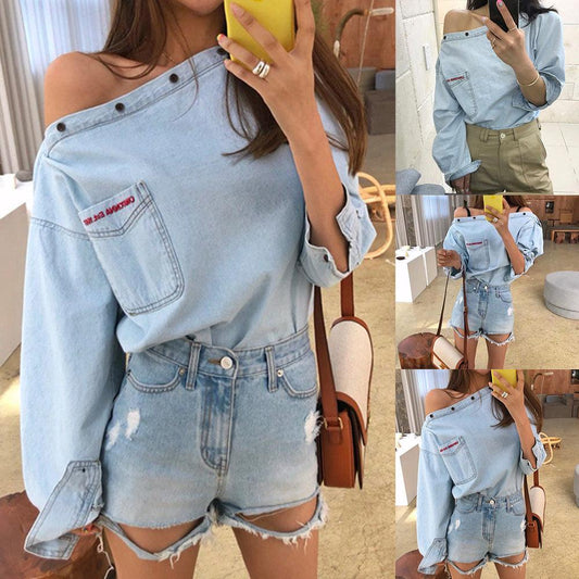 One-line Collar Off-shoulder Blouse With Embroidery Pockets Loose Shirt Denim Shirt Women - BUNNY BAZAR