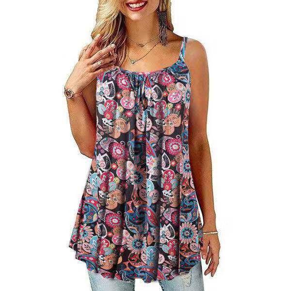 New Summer Women's Printed Folded Large Swing Loose Camisole - BUNNY BAZAR