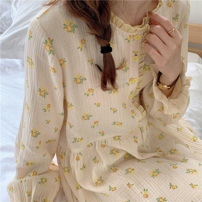 Sweet Floral Lotus Leaf Long Sleeve Pajamas - BUNNY BAZAR