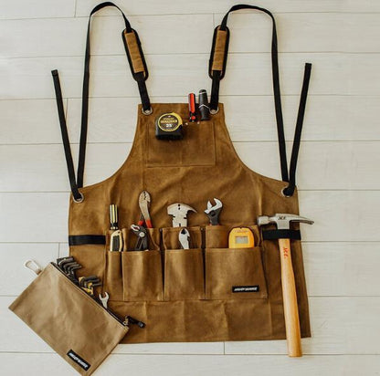 Waxed Canvas Tool Apron with Multiple Pockets - BUNNY BAZAR