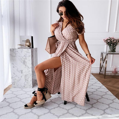 V-neck Bohemian Polka Dot Print Dress Long Skirt - BUNNY BAZAR