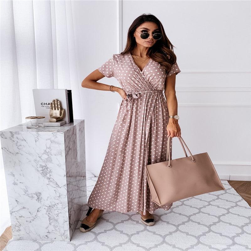 V-neck Bohemian Polka Dot Print Dress Long Skirt - BUNNY BAZAR