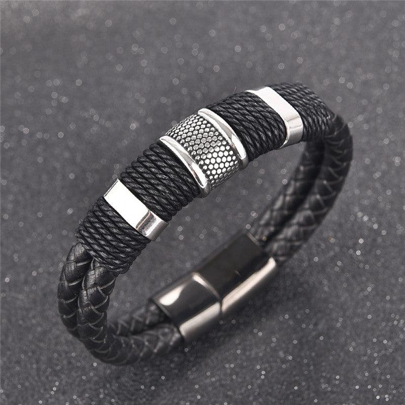 2021 Fashion Black Braid Woven Leather Bracelet Titanium Stainless Steel Bracelet - BUNNY BAZAR