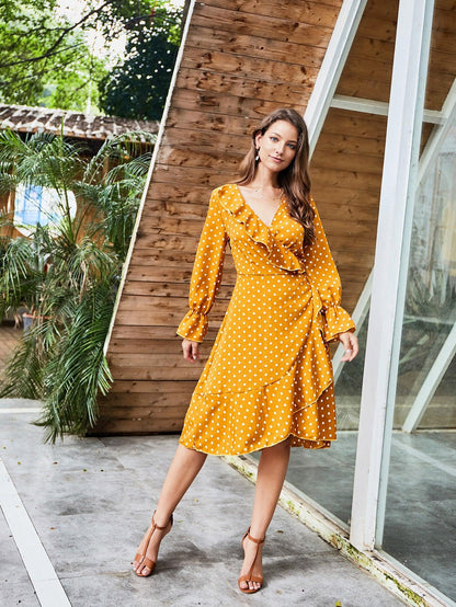 Yellow Polka Dot Long Sleeve Lace Dress - BUNNY BAZAR