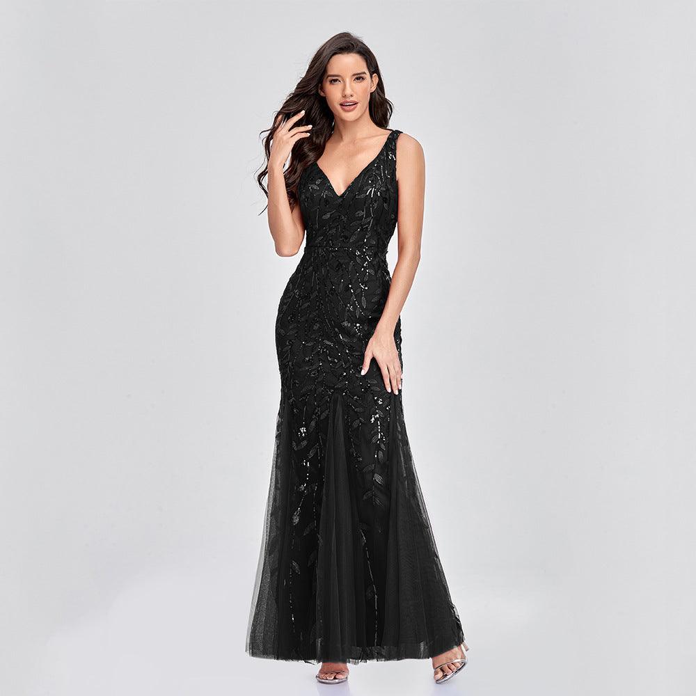 Sexy Long Dress Sleeveless V-neck Embroidered Sequin Slim Mermaid Dress - BUNNY BAZAR