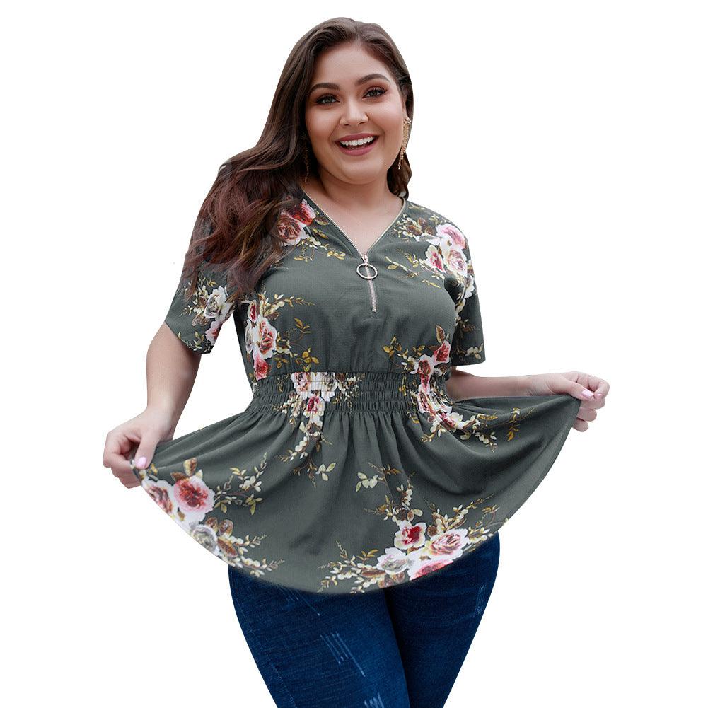 V-neck plus size shirt print top - BUNNY BAZAR