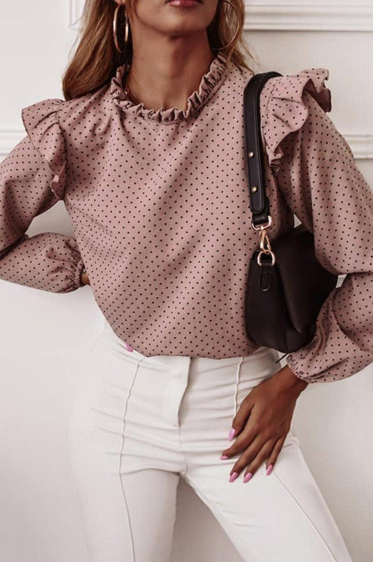 Ruffled Round Neck Pullover Polka Dot Shirt Top - BUNNY BAZAR