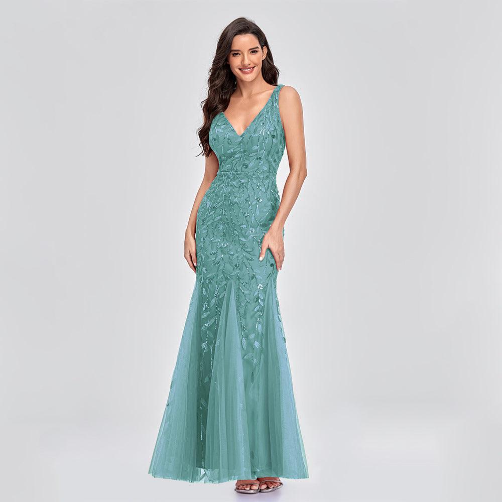 Sexy Long Dress Sleeveless V-neck Embroidered Sequin Slim Mermaid Dress - BUNNY BAZAR