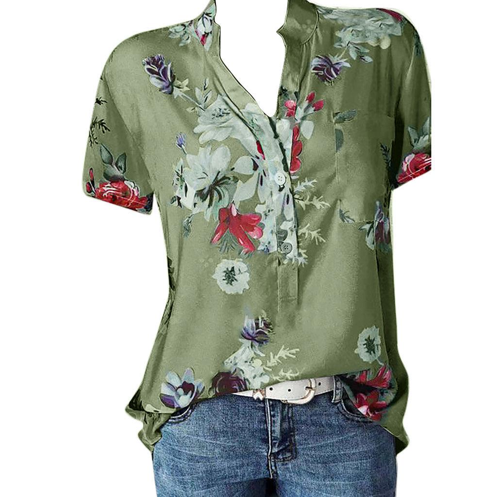 Fashion printed V-neck short sleeve shirt - BUNNY BAZAR