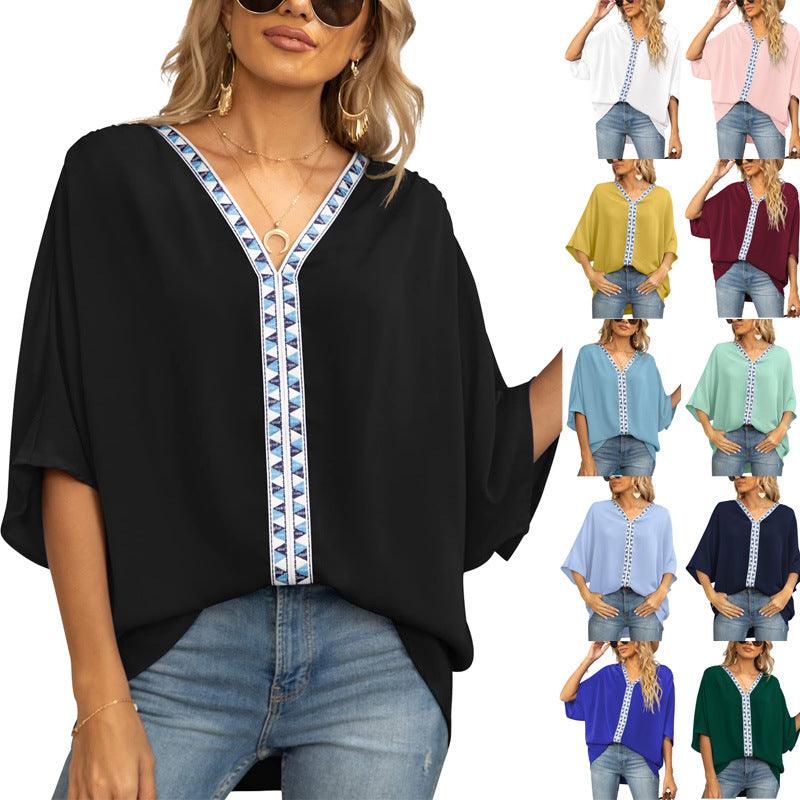 Summer Women's Bat Sleeve Chiffon V-neck Shirt - BUNNY BAZAR