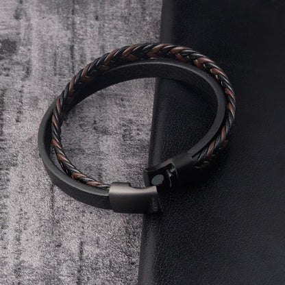 Leather Cord Stainless Steel Braided Bracelet Black Men - BUNNY BAZAR