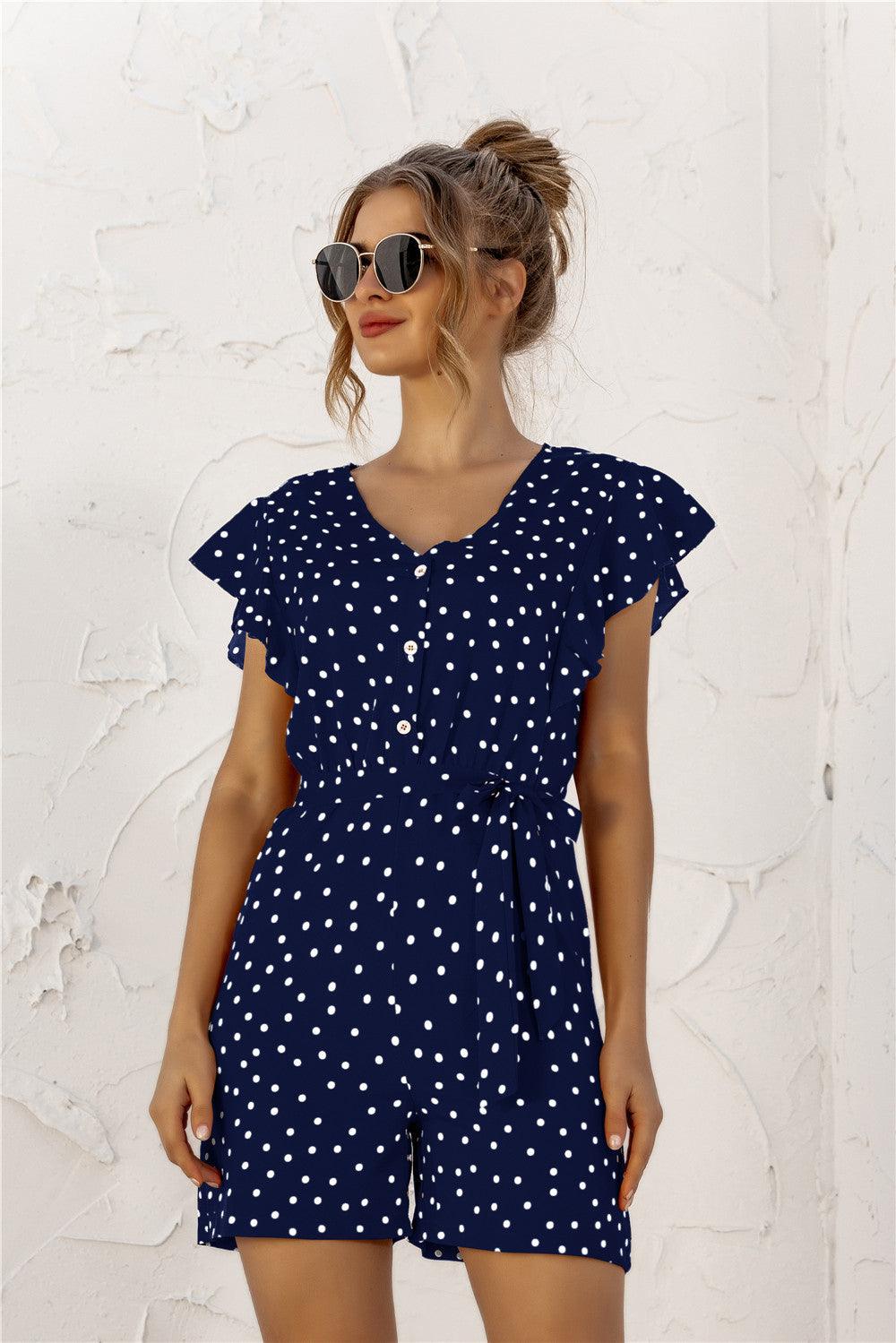 Ruffled V-neck Polka Dot Jumpsuit - BUNNY BAZAR