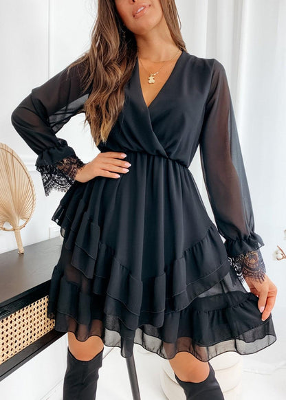 Turtleneck Long Sleeve V-Neck Ruffle Skirt Chiffon Dress - BUNNY BAZAR