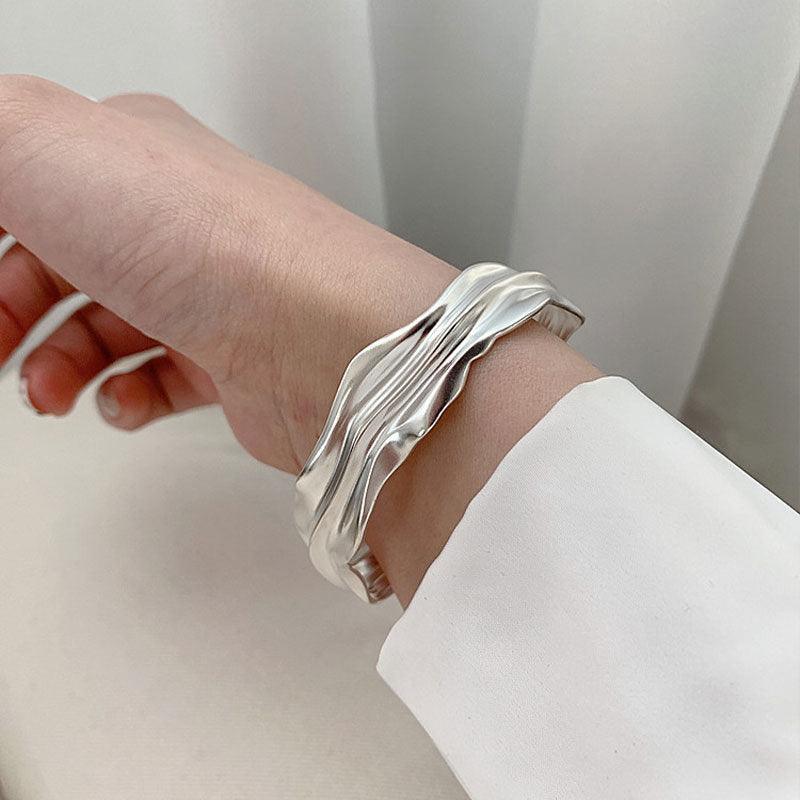 Irregular Fold Texture Opening Wide S925 Sterling Silver Bracelet Women - BUNNY BAZAR