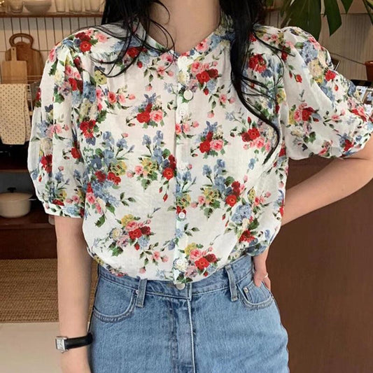 French Elegant Temperament Floral Lapel Short-sleeved Shirt Women - BUNNY BAZAR