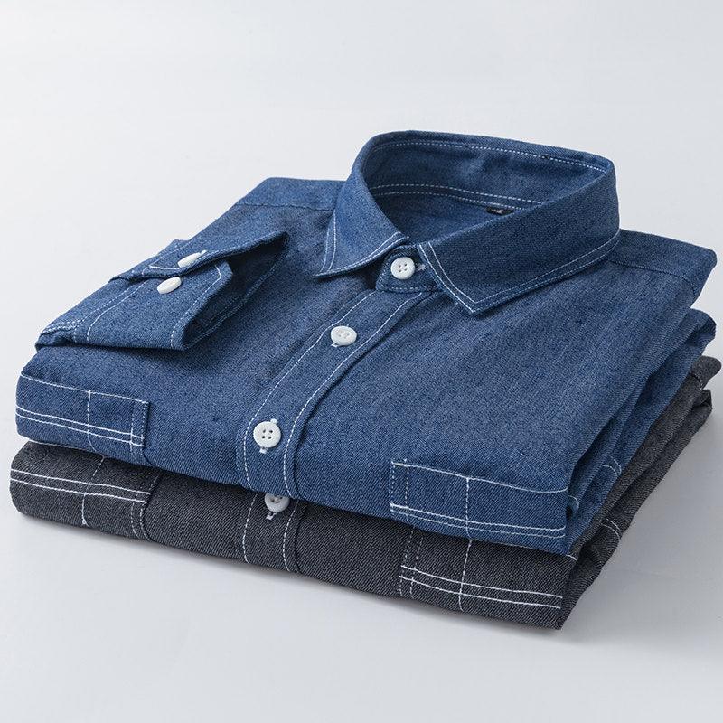 Men's Korean Casual Solid Color Slim Long-sleeved Denim Shirt - BUNNY BAZAR