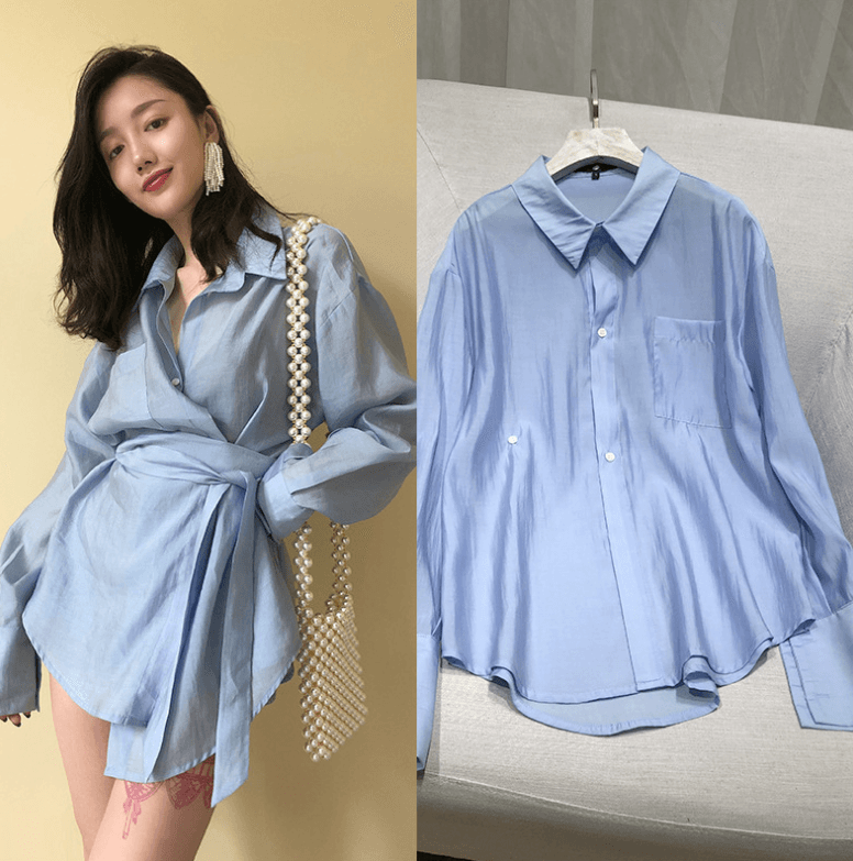 2021 spring and summer Hong Kong taste careful machine goddess wind exposed shoulder leak clavicle shirt - BUNNY BAZAR