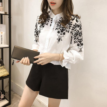 Loose Embroidered Flower Stand-up Collar Base Shirt - BUNNY BAZAR