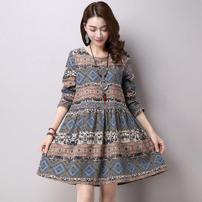 Ethnic style cotton and linen large size women's head geometric print long sleeve skirt dress - BUNNY BAZAR