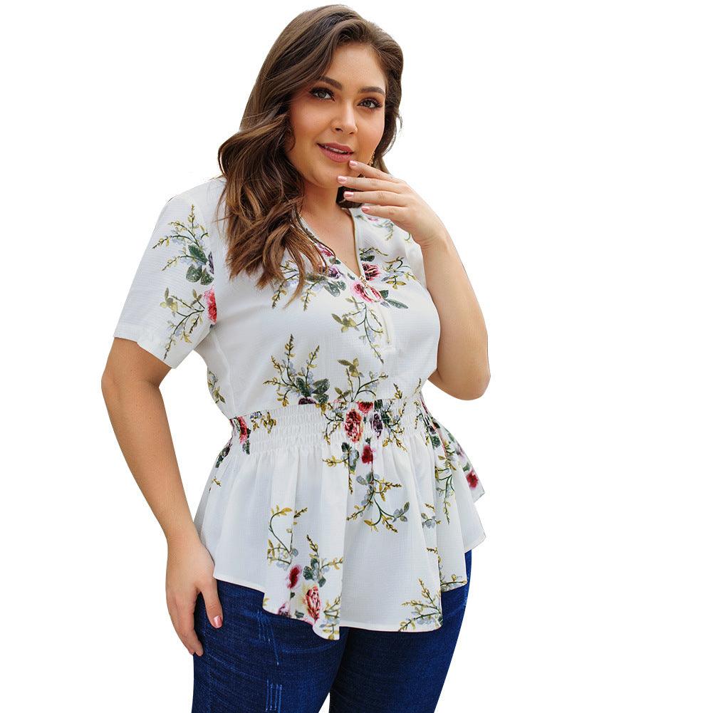 V-neck plus size shirt print top - BUNNY BAZAR