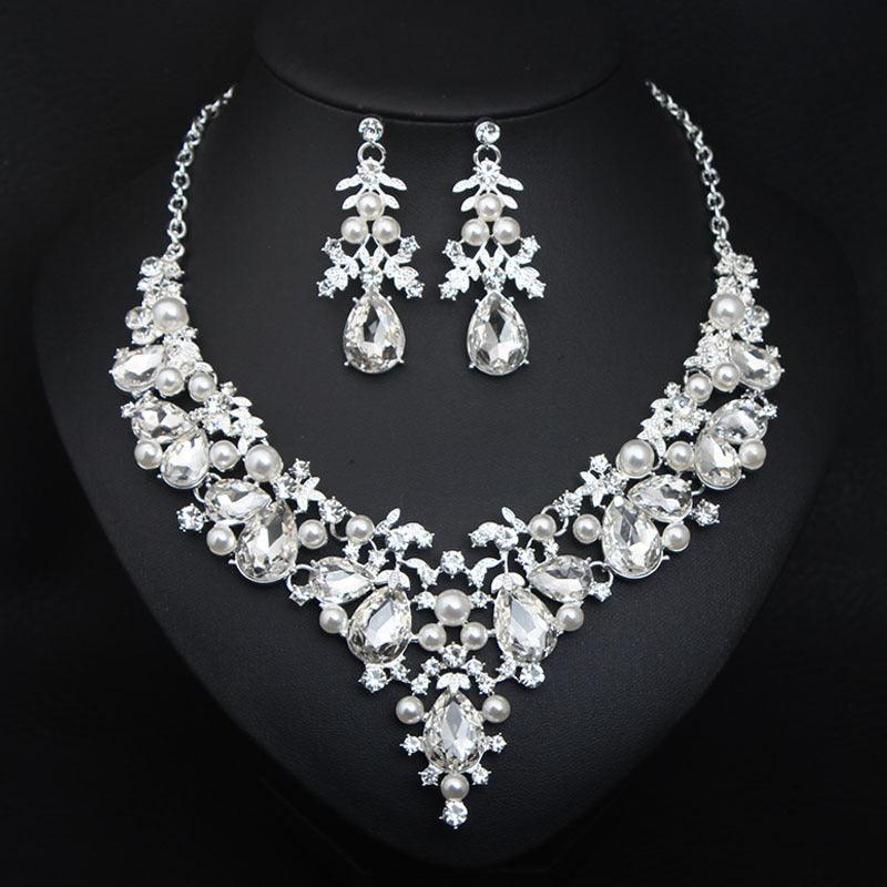 Crystal Pearl Gemstone Necklace And Earrings Set - BUNNY BAZAR