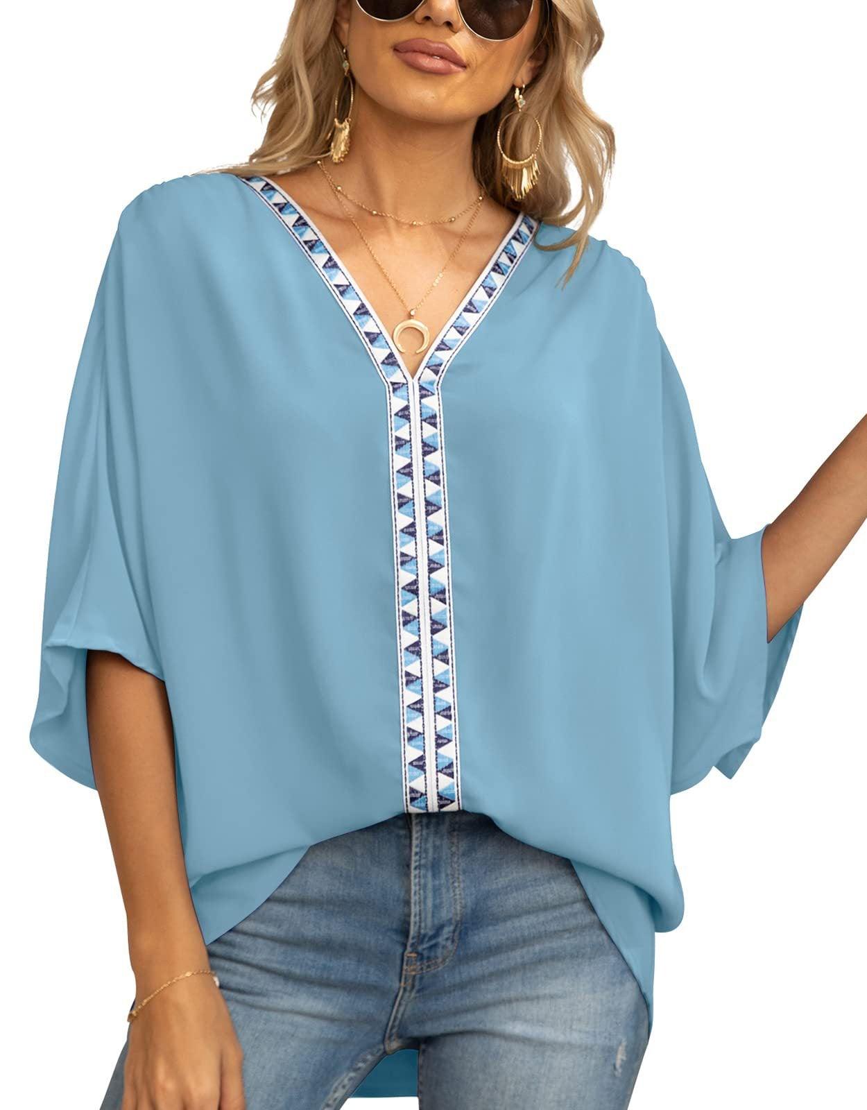 Summer Women's Bat Sleeve Chiffon V-neck Shirt - BUNNY BAZAR