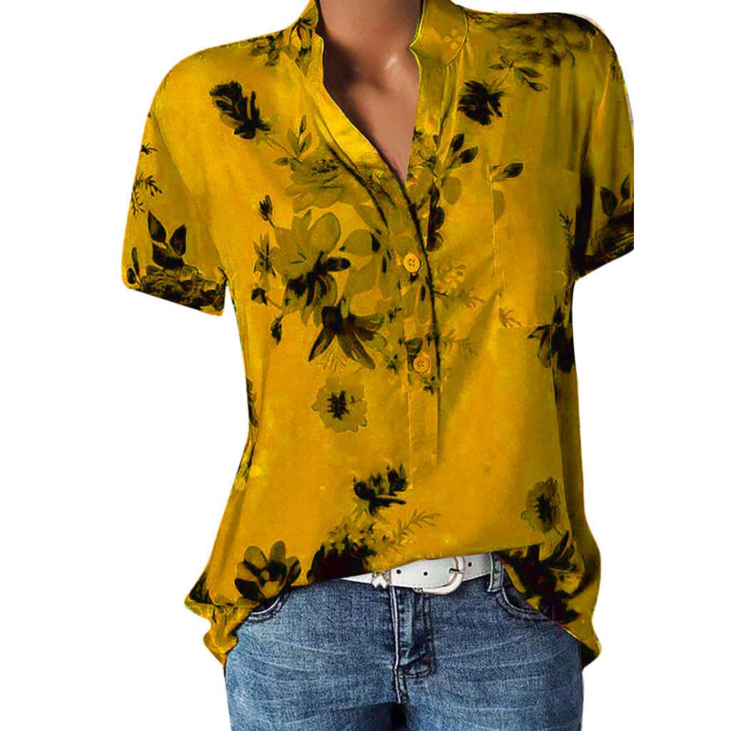 Fashion printed V-neck short sleeve shirt - BUNNY BAZAR