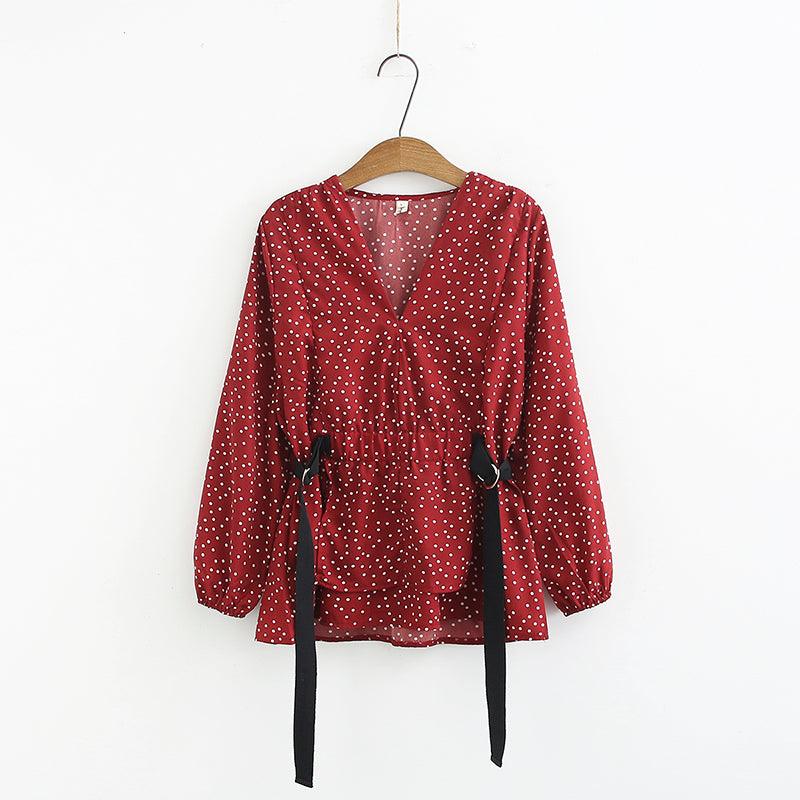 V-neck polka dot streamer long sleeve shirt - BUNNY BAZAR