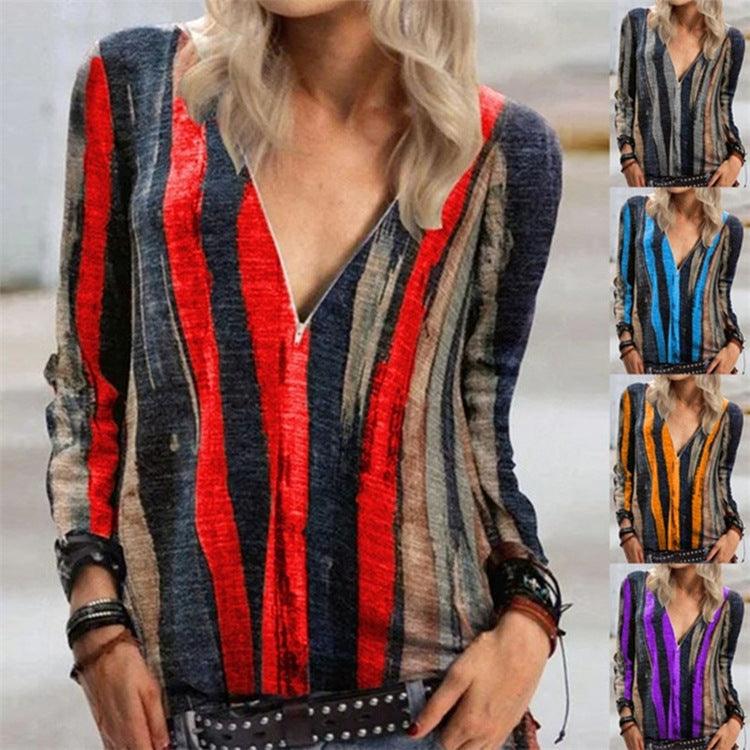 Tie-dye striped printed long-sleeved T-shirt V-neck zipper top women - BUNNY BAZAR