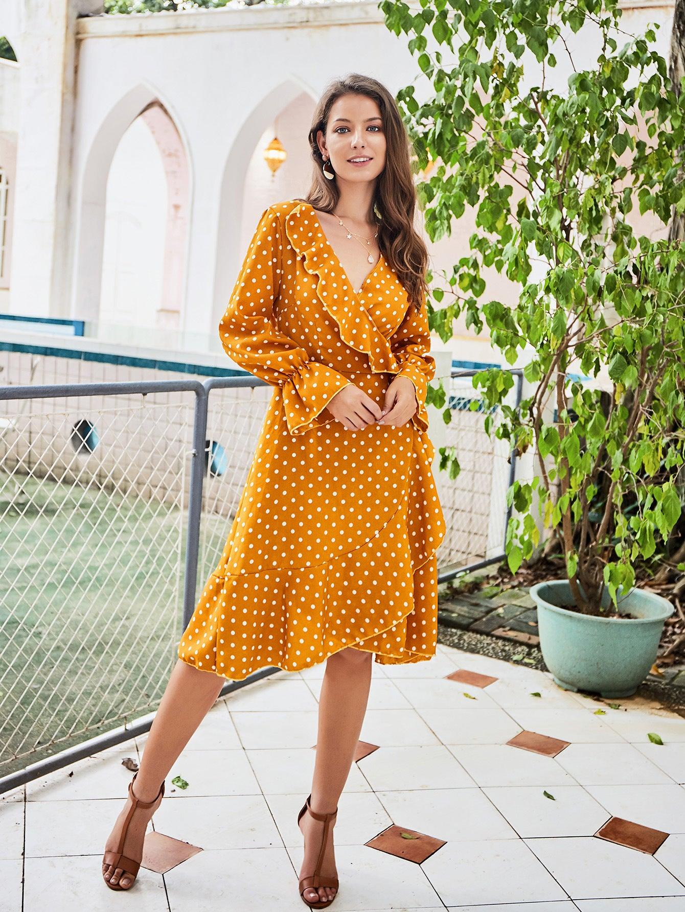 Yellow Polka Dot Long Sleeve Lace Dress - BUNNY BAZAR