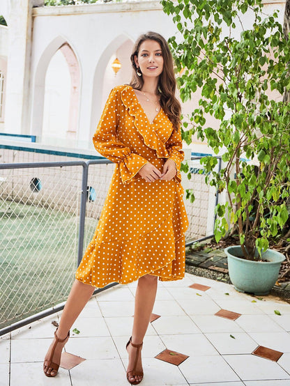 Yellow Polka Dot Long Sleeve Lace Dress - BUNNY BAZAR