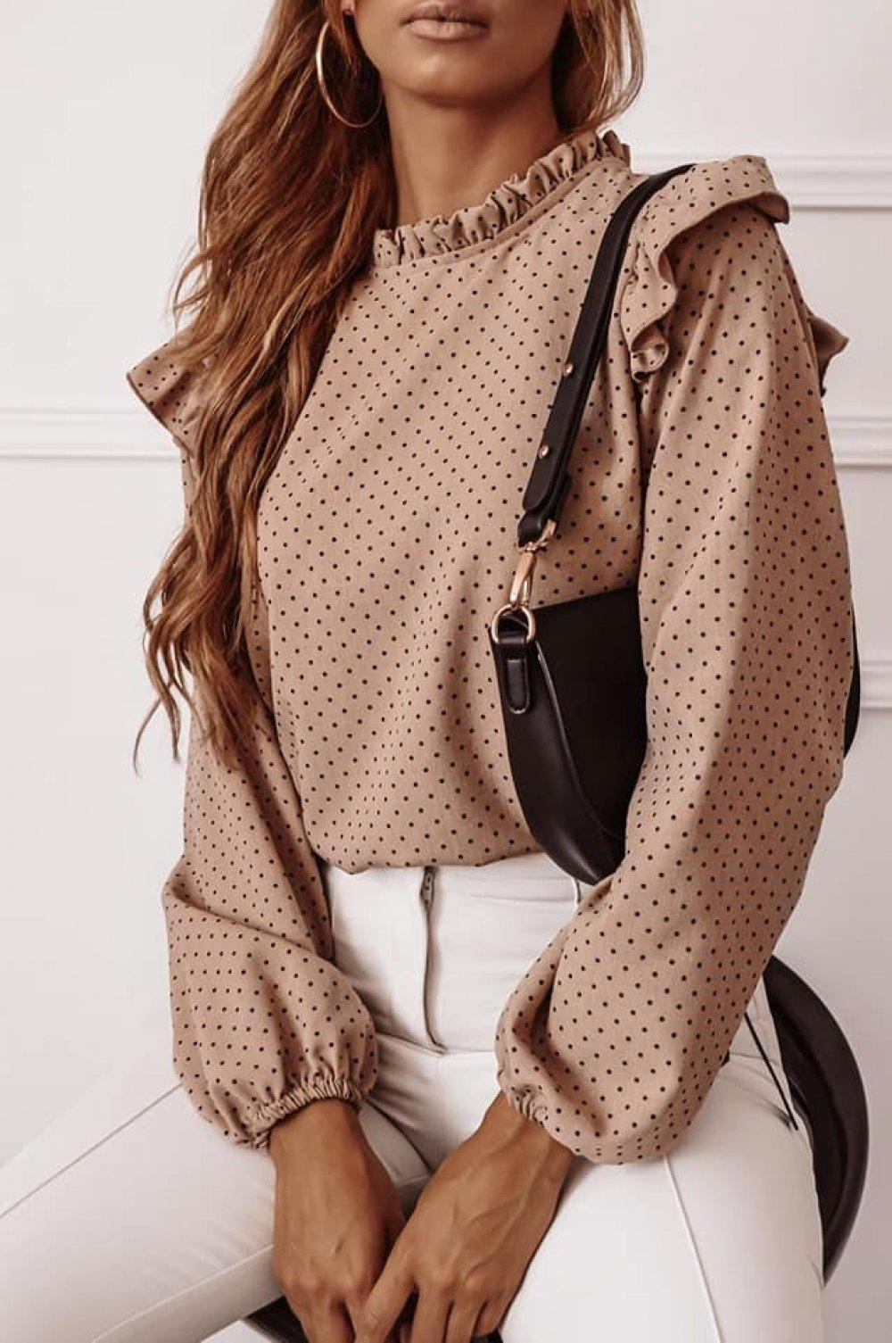 Ruffled Round Neck Pullover Polka Dot Shirt Top - BUNNY BAZAR