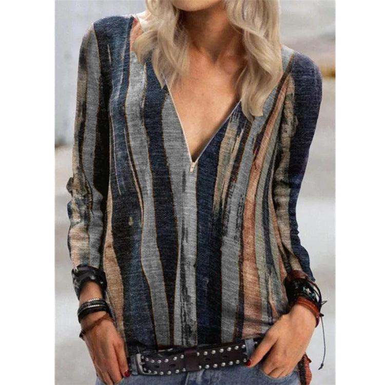 Tie-dye striped printed long-sleeved T-shirt V-neck zipper top women - BUNNY BAZAR