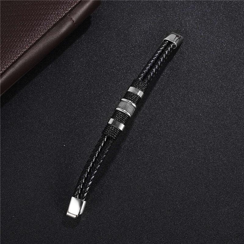 2021 Fashion Black Braid Woven Leather Bracelet Titanium Stainless Steel Bracelet - BUNNY BAZAR