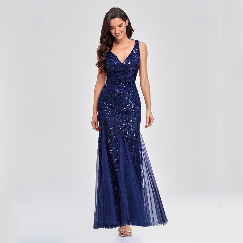 Sexy Long Dress Sleeveless V-neck Embroidered Sequin Slim Mermaid Dress - BUNNY BAZAR