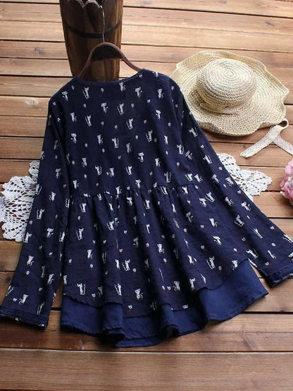 2021 spring new explosion cotton and linen printed fake two-piece shirt S-5XL - BUNNY BAZAR