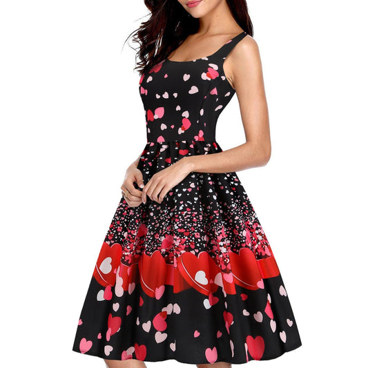 Valentines Day Temperament Stitching Heart Shaped Print Swing Dress - BUNNY BAZAR