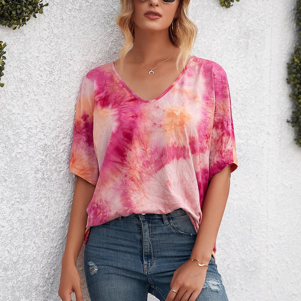 Casual Tie Dye Print Colorful Loose Round Neck Short Sleeve T-Shirt Women - BUNNY BAZAR